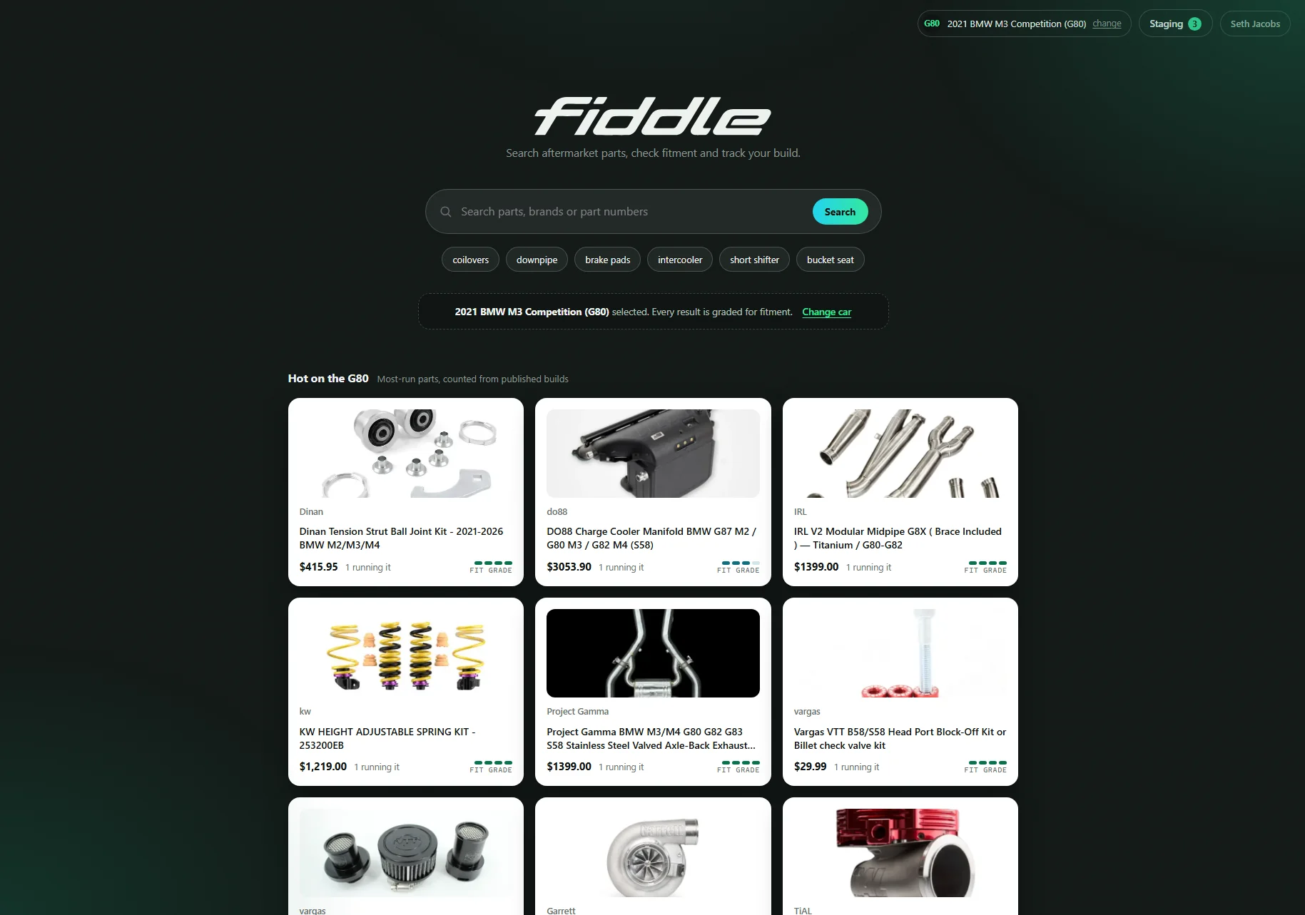 Desktop search with the car pinned, every result graded for fitment