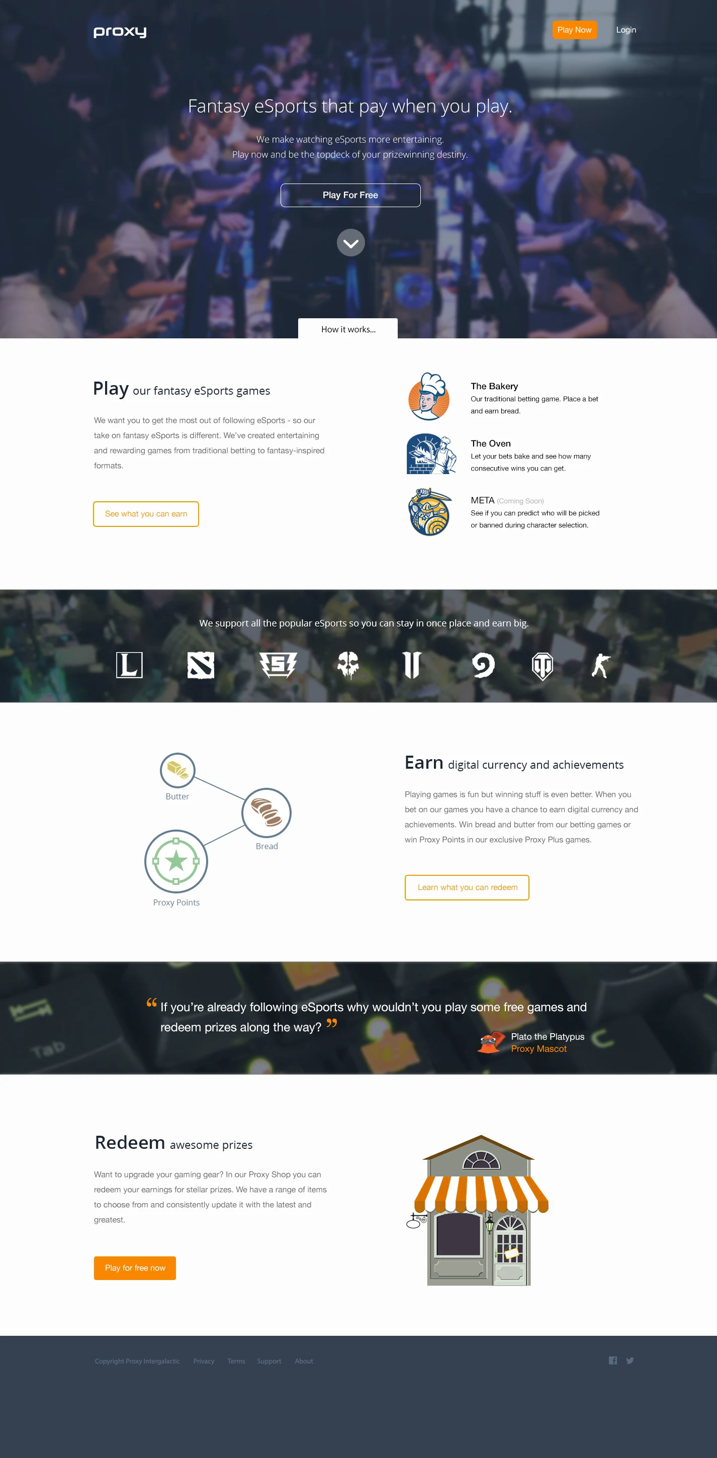 The marketing site: play, earn, redeem, with the brand doing the persuading